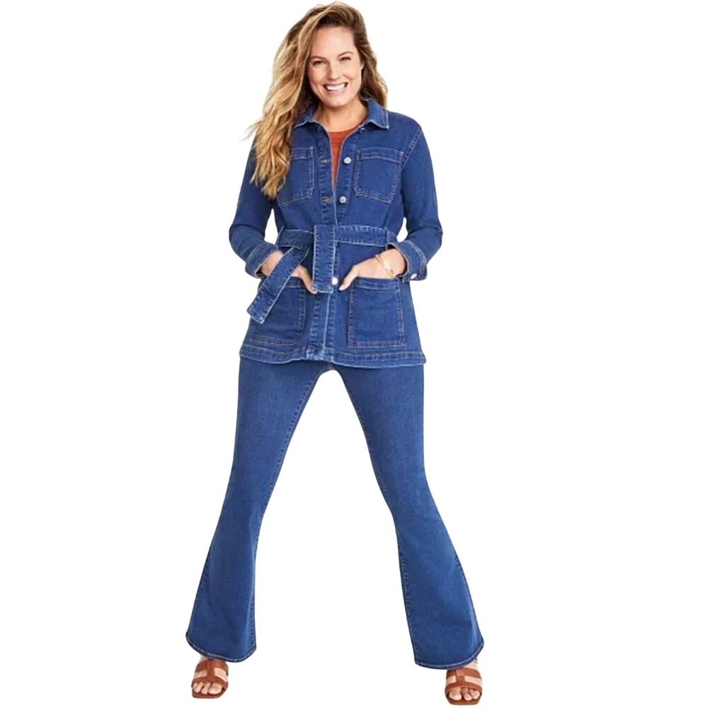 On 34th Women's Belted Denim Wrap Jacket Long Length Fall Winter Medium Wash XS - Picture 2 of 16